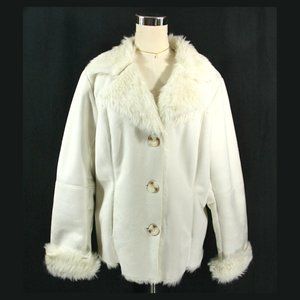 Coldwater Creek Ivory Faux Suede Shearling Fur Lined Sherpa Coat Whipstitch - Lg